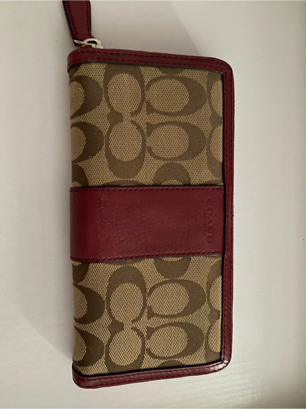 Coach Khaki Canvas Wallet with Burgundy Leather Panel